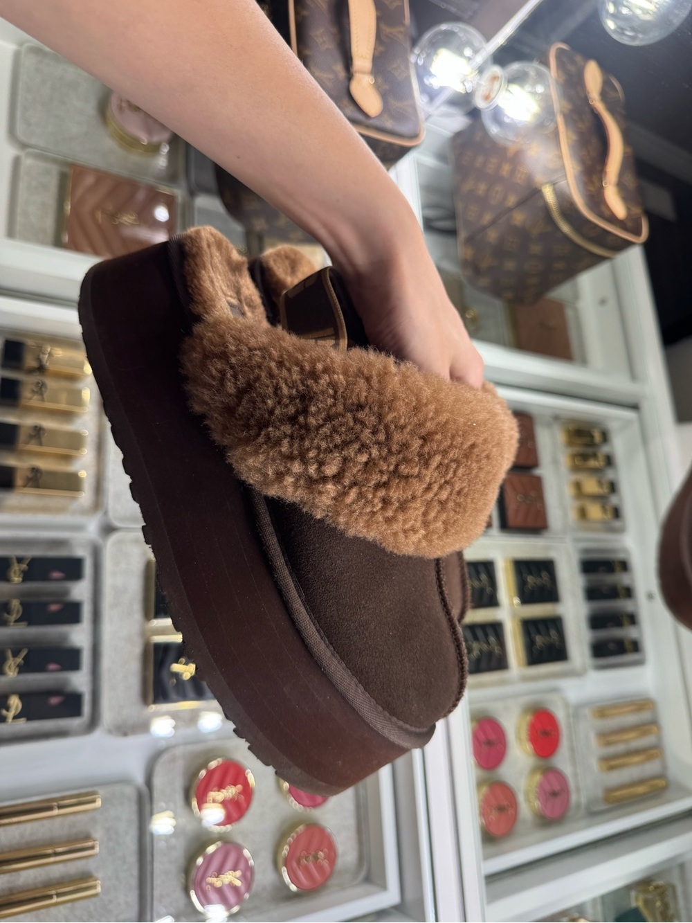 UGG Brown Suede Platform Shearling Mule